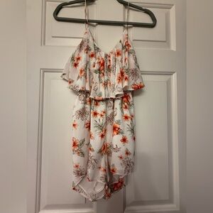 Women’s White Floral Ruffle Romper - Orange & Green Print